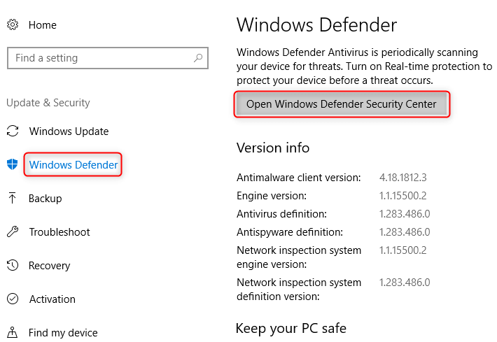 Open Windows defender on Win 10