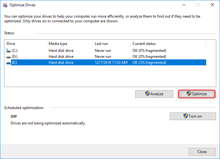 optimize drives on Windows 10