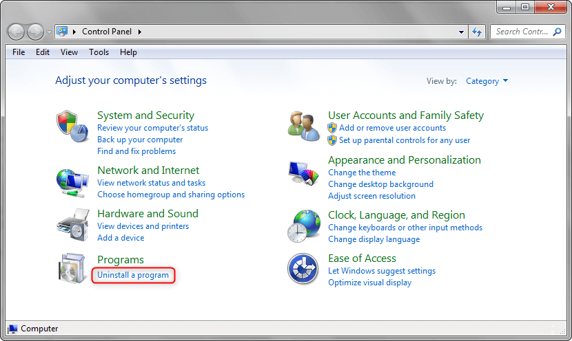 uninstall software in Windows 7