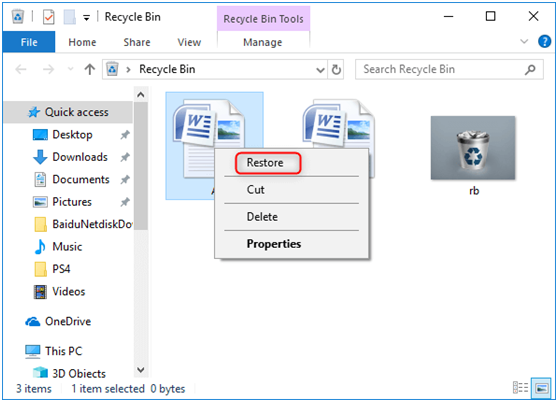 Restore files from Recycle Bin