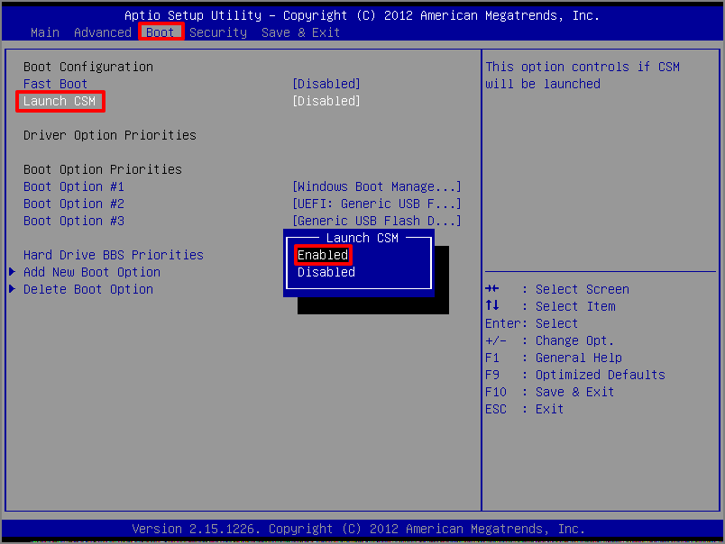 choose enabled in launch csm to sovle windows 10 won't boot from USB