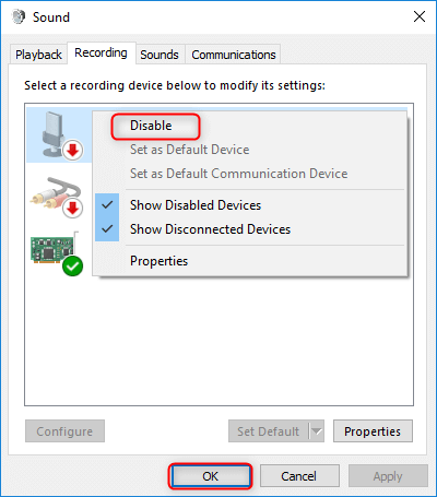 Disable microphone on Win10
