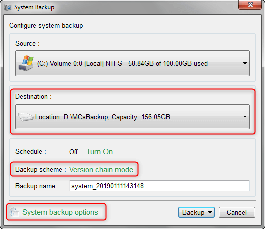 select backup destination to back the data up