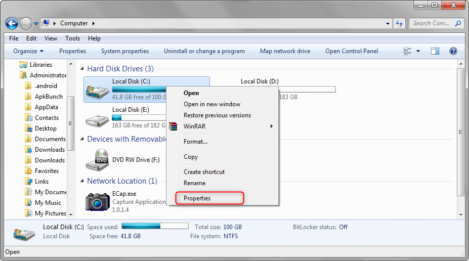 select properties of the target disk