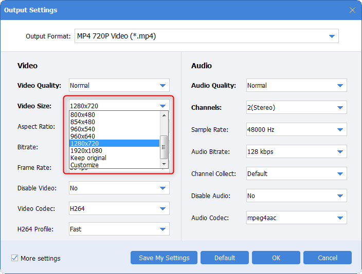 select video size in output settings