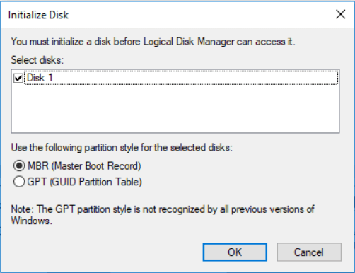 Partition style MBR or GPT
