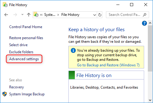 File History - Advanced settings