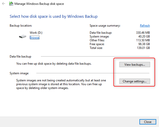 Manage Windows Backup disk space