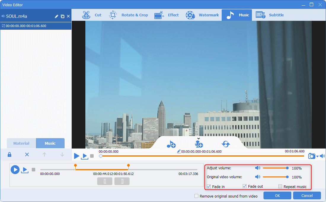 adjust the effect of the background music in renee video editor pro