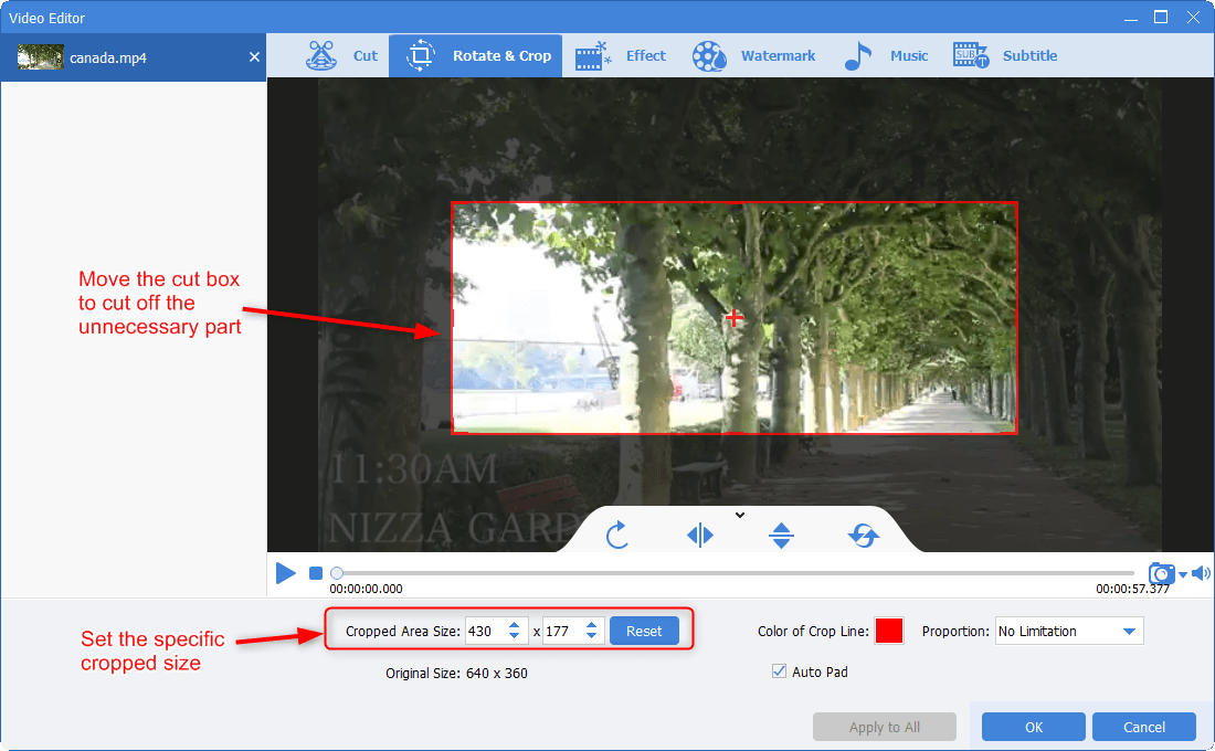 crop the video screen area by dragging the box