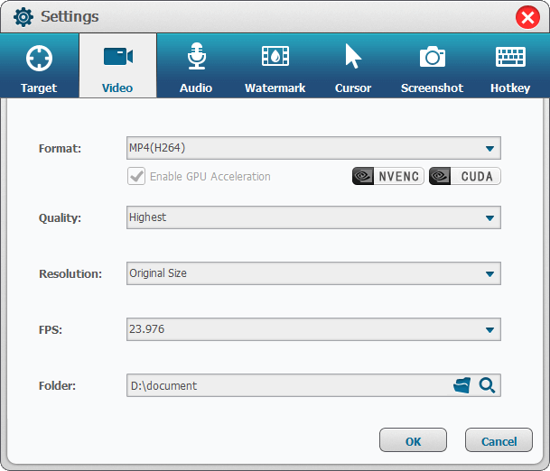 select in video tab in screen recorder settings