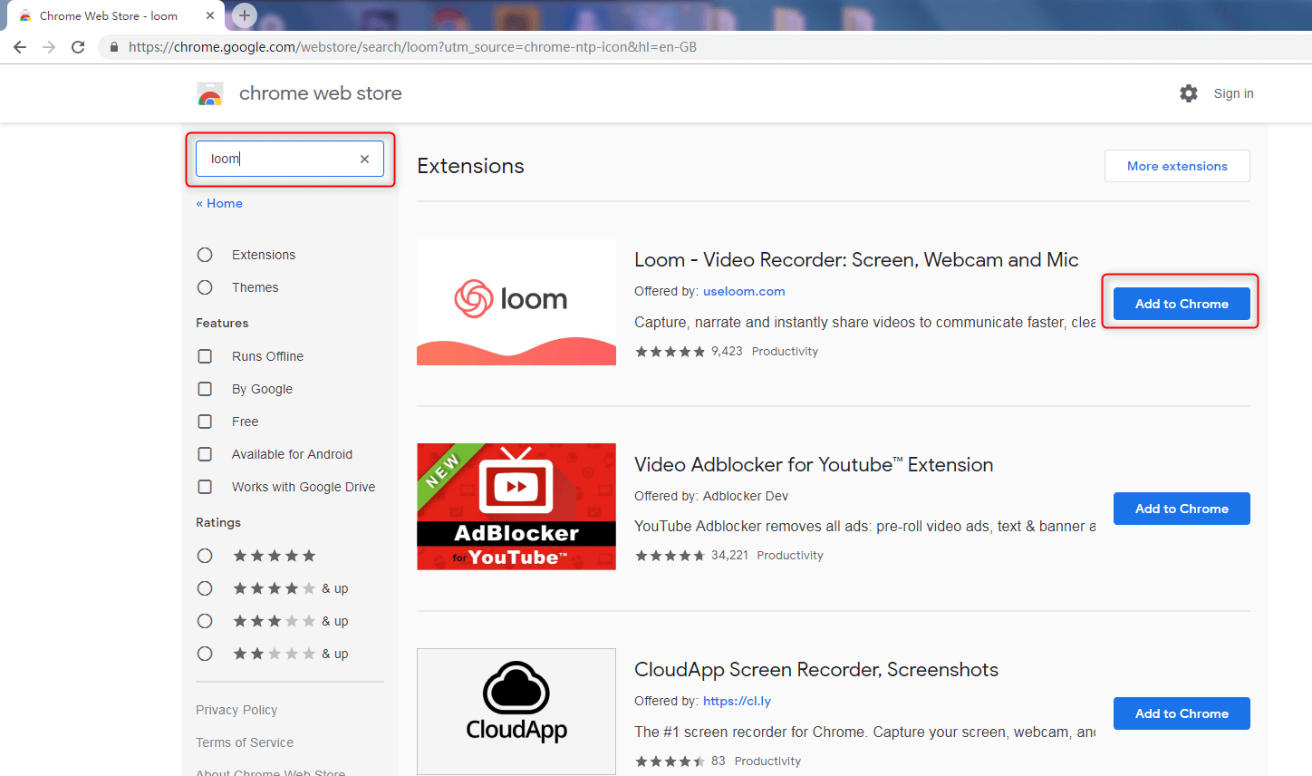 go to search loom chrome store