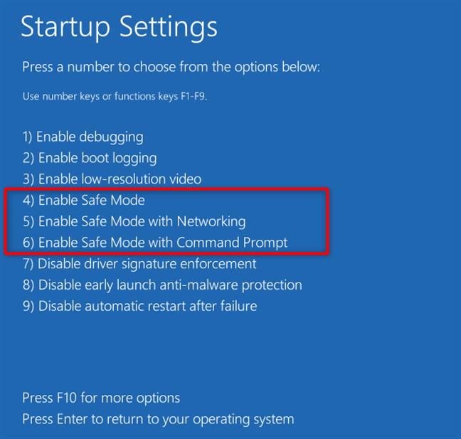 startup settings windows 10 safe mode