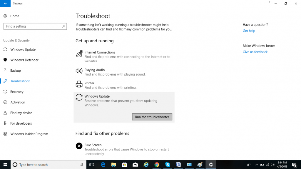 troubleshoot in windows settings