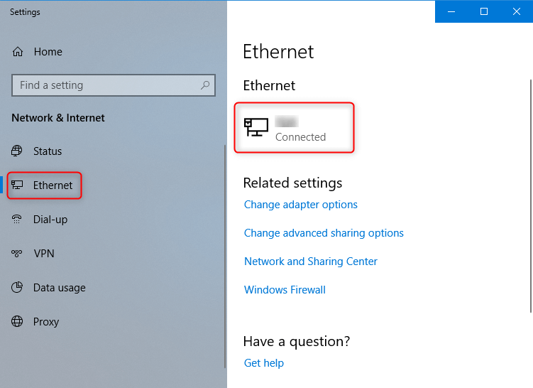 check windows network connection in Ethernet