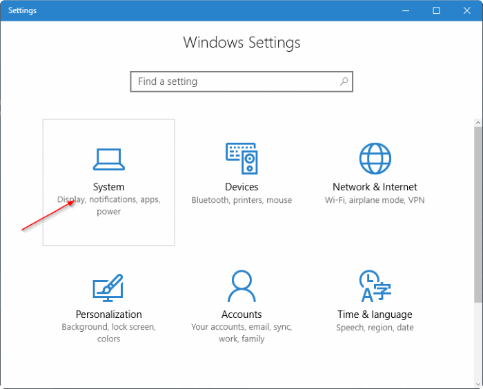 click System in Windows Settings