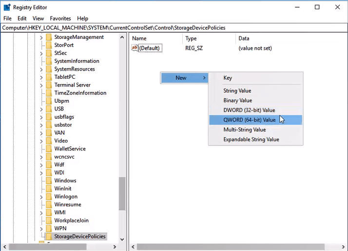 add dword in storage device policies