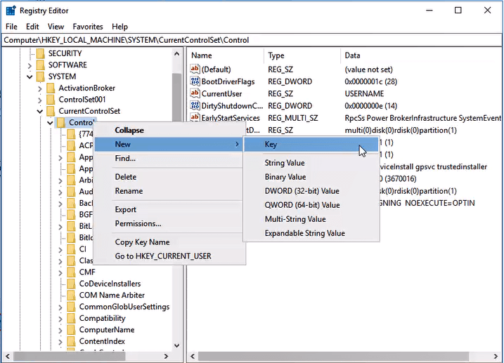 add new key in control by registry editor
