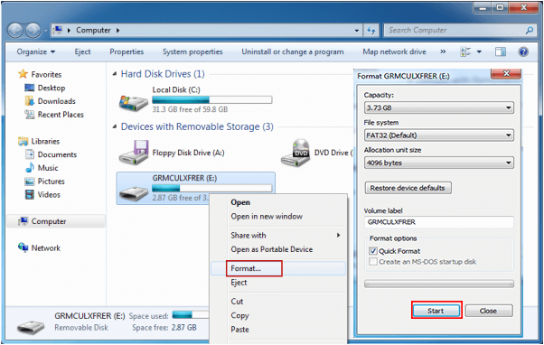 click start to format usb