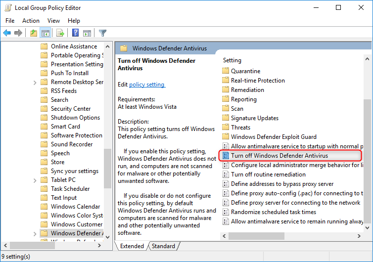 fare clic per disattivare Windows Defender