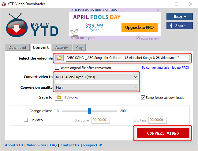 convert to mp3 by YTD video downloader