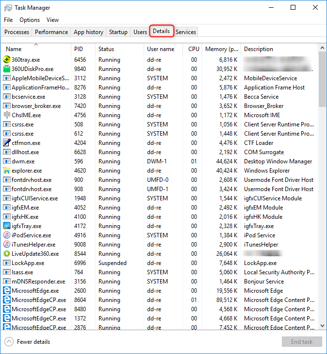 check operating detalis in task manager