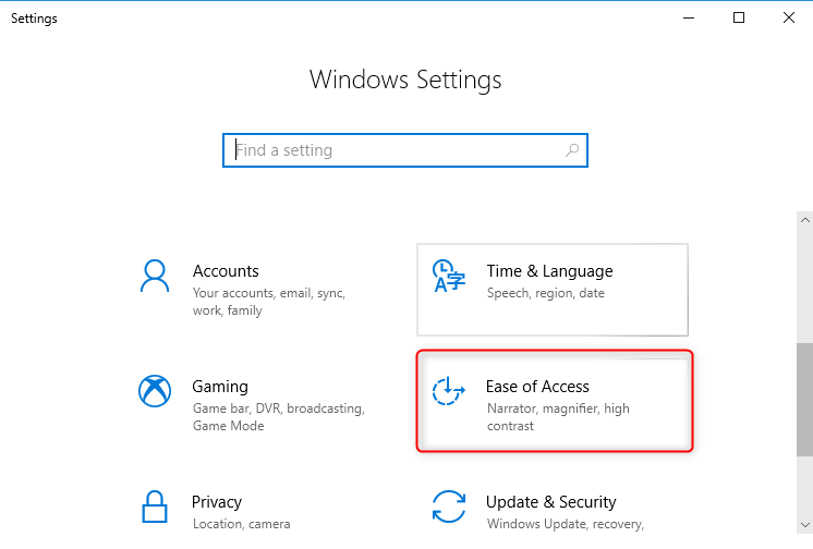 lcik ease of access in windows settings