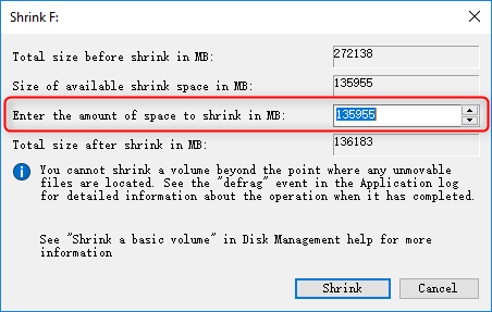 enter the amount of space to shrink in MB