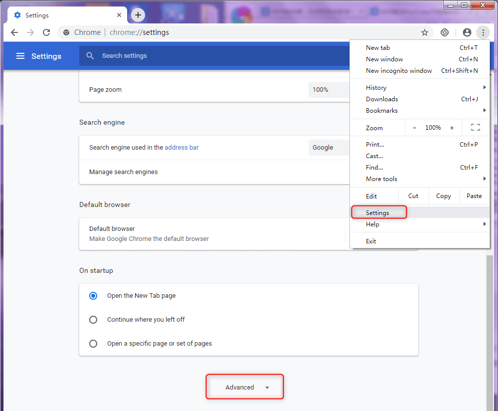 expand advanced function in chrome settings