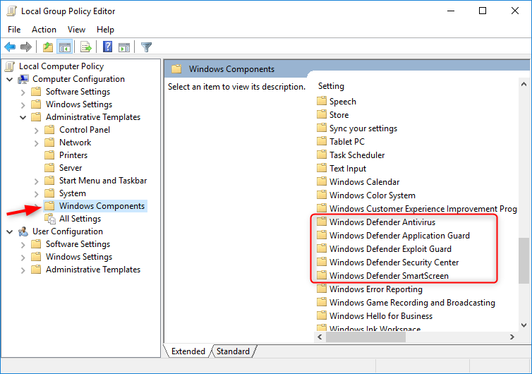 expand windows component to find windows defender