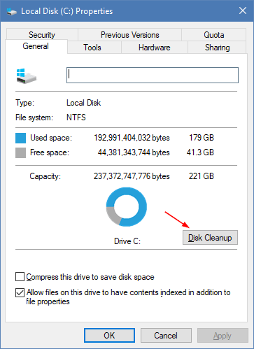 lauch disk cleanup from drive properties