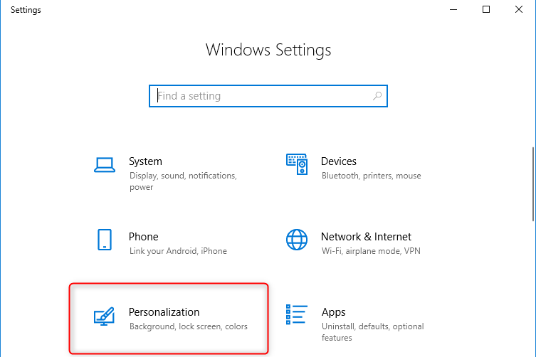 click personalization in windows settings