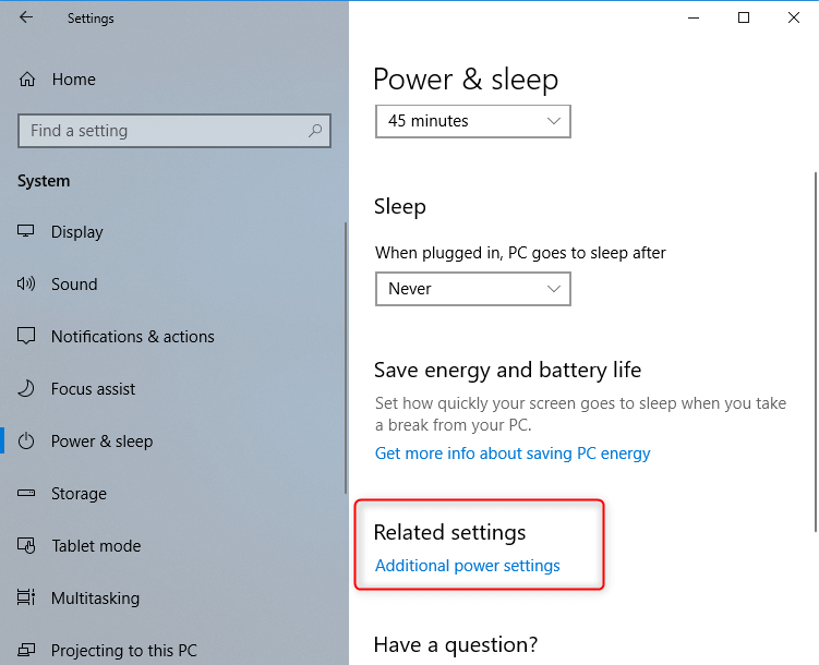 click related settings in the tab power& sleep
