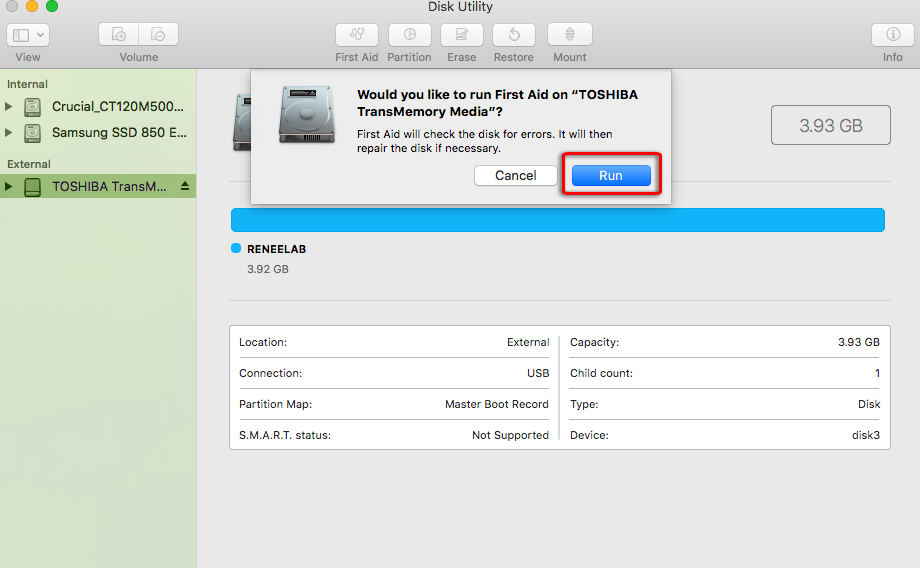 run first aid in mac disk utility