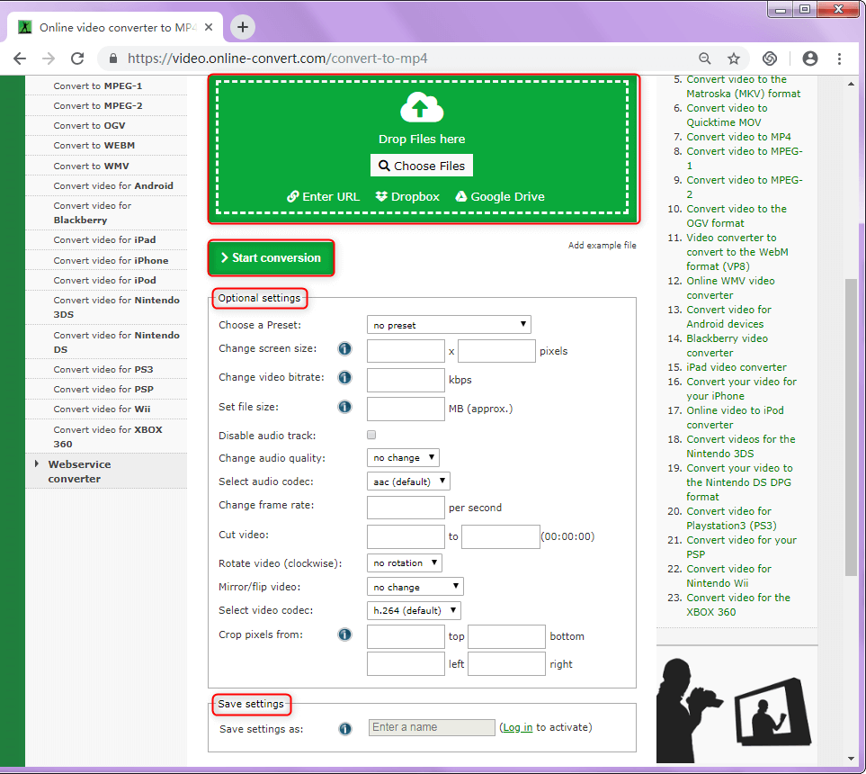 set conversion settings in online convert