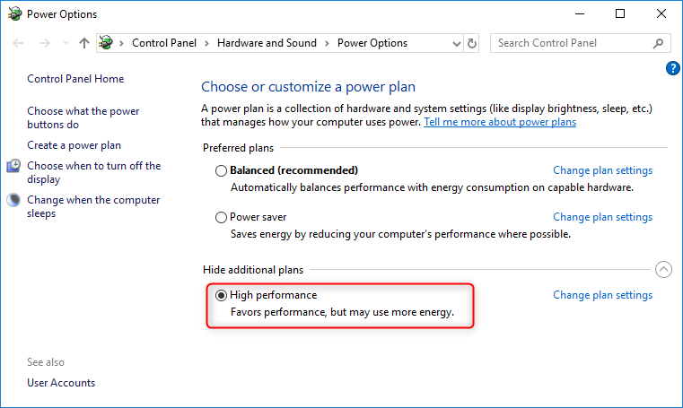 select high performance in power plan