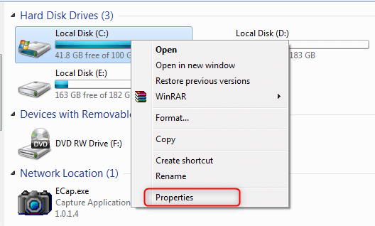 disk c properties