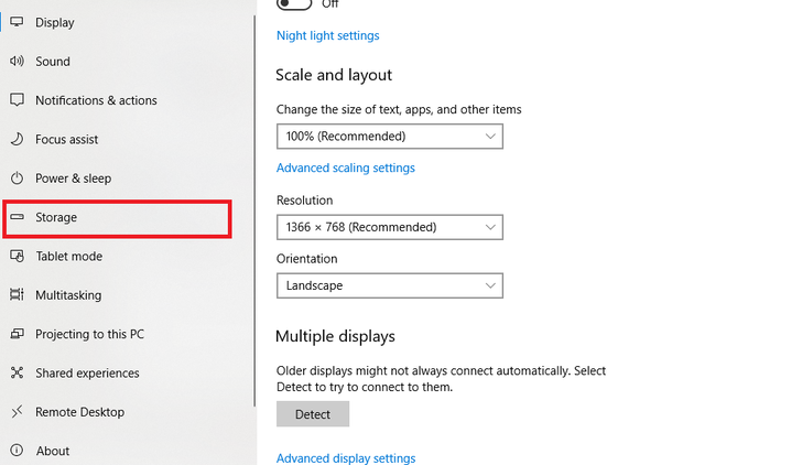 select storage in Windows Settings