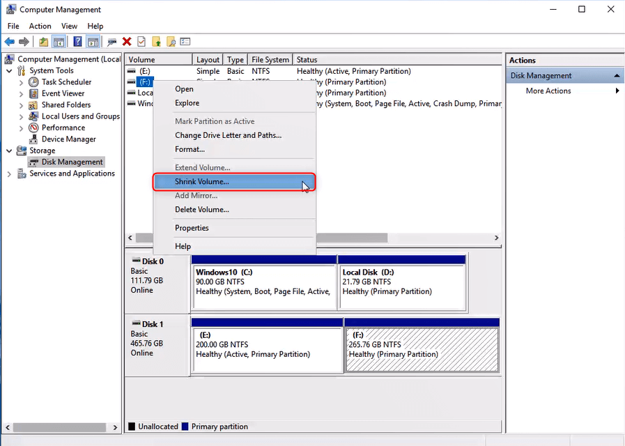 shrink volume in disk management