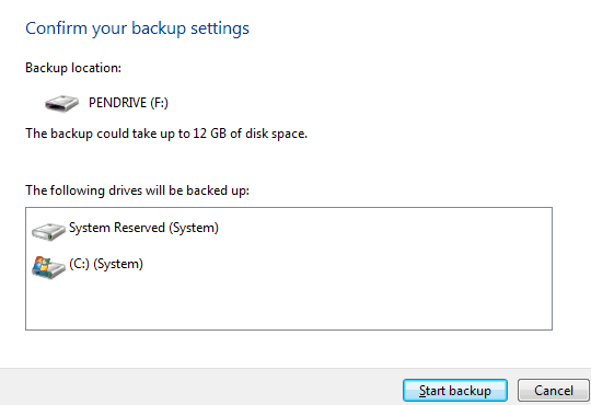 start backup Windows 7