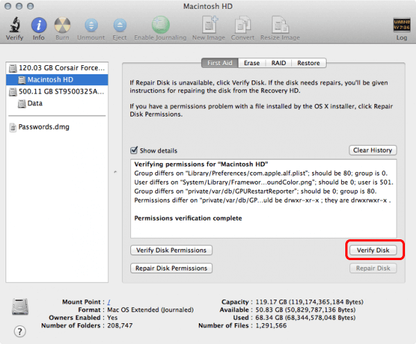 verify whether the mac disk exist errors