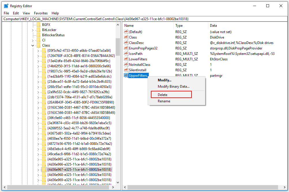 windows 10 delete upperfilters registry value