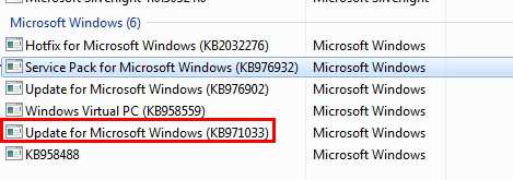 Uninstall Windows Update KB971033