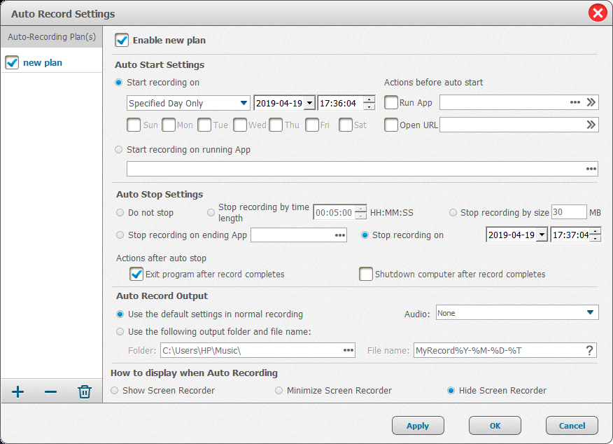 Pagina delle impostazioni di registrazione automatica