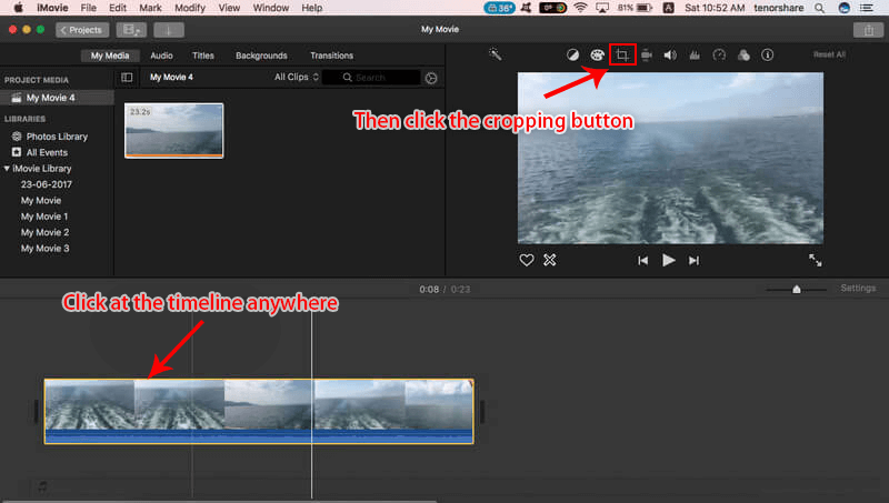 click the cropping button in imovie