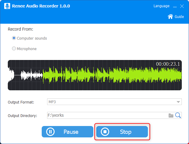 stop music recording in renee audio tools