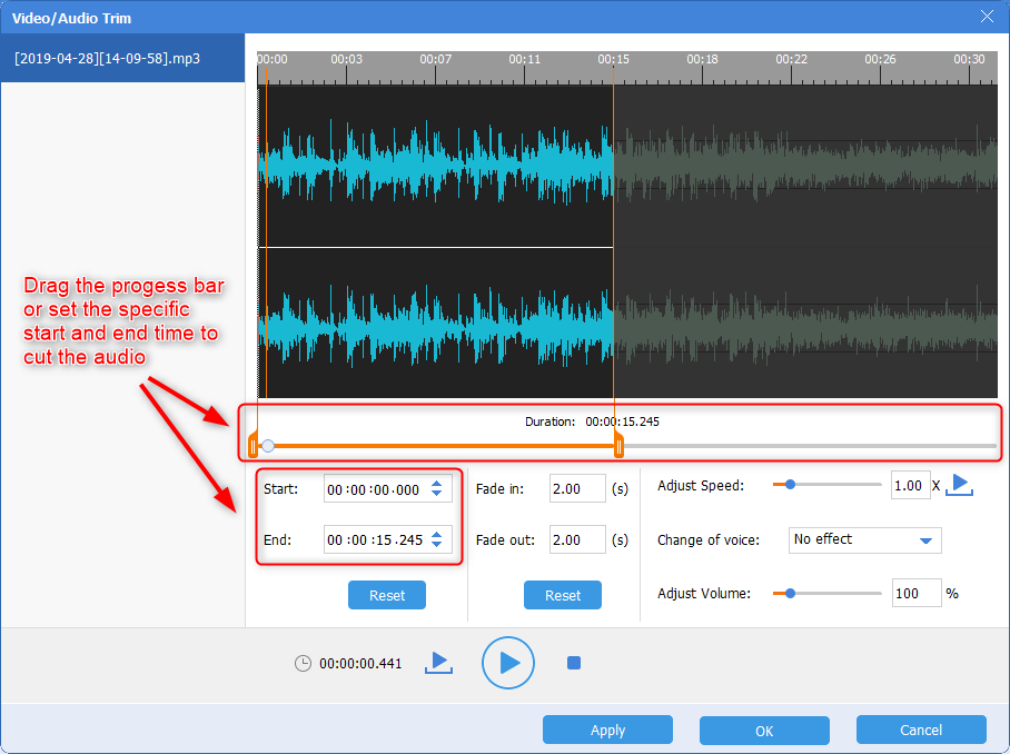 cut the audio in renee audio tools