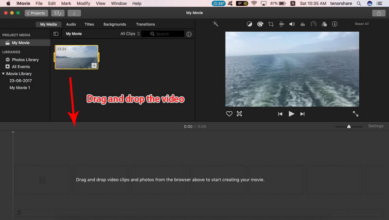 drag and drop the video to the time in imovie