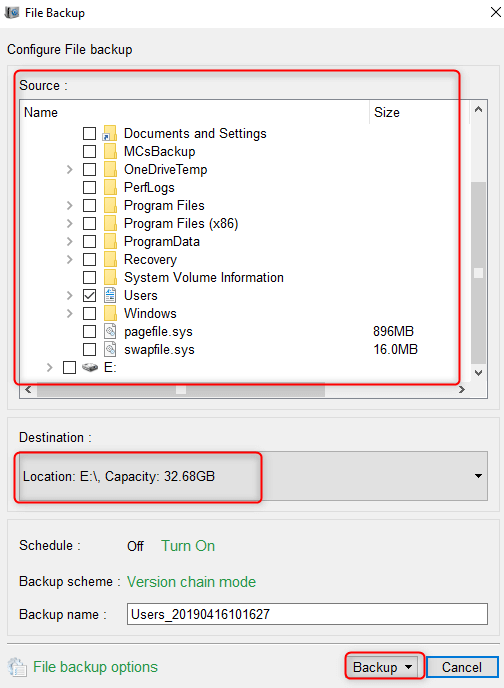 interfaccia per il backup dei file