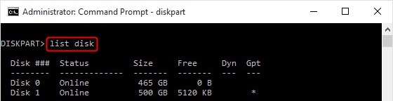 type list disk in diskpart to initialize disk